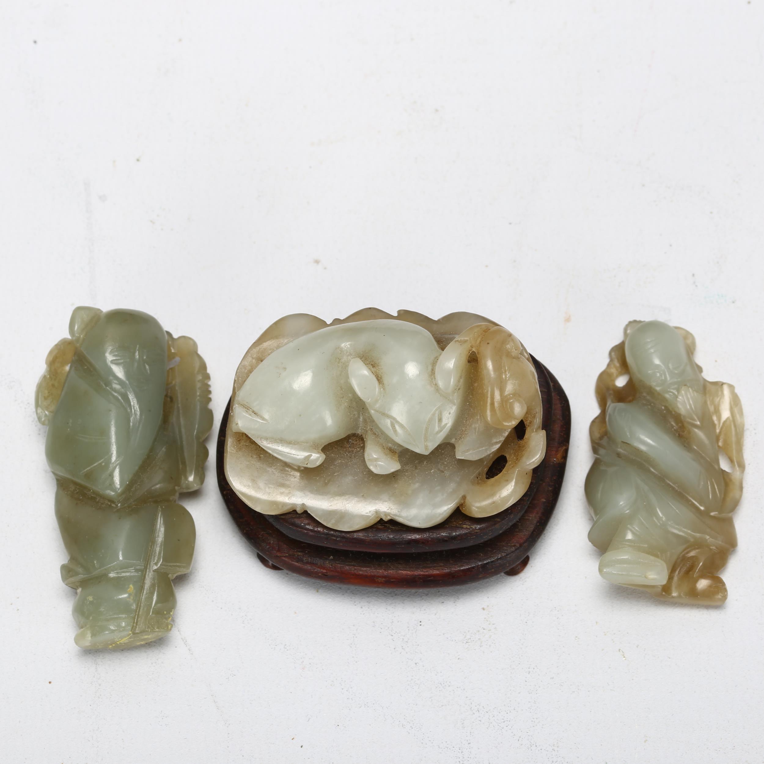 3 Chinese jade figures, 1 on wooden stand, largest 5.5cm All in good condition, no chips cracks or - Image 2 of 3