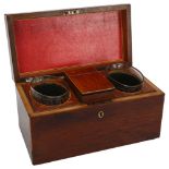 A Georgian mahogany tea caddy, with fitted interior and etched Greek Key glass, 30.5 x 15.5cm,