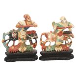 A pair of Antique Chinese wood carved figures on horseback, on wood stands, height 13cm Both figures
