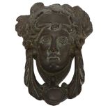 A heavy patinated bronze figural Athena head door knocker, height 19cm No damage or restoration,