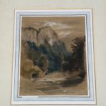 Attributed John Skinner Prout (1806-1976), river with mountain view, watercolour, 32cm x 24cm,