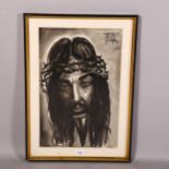 A monochrome watercolour of Christ in crown of thorns, indistinctly signed, dated -65, 48cm x