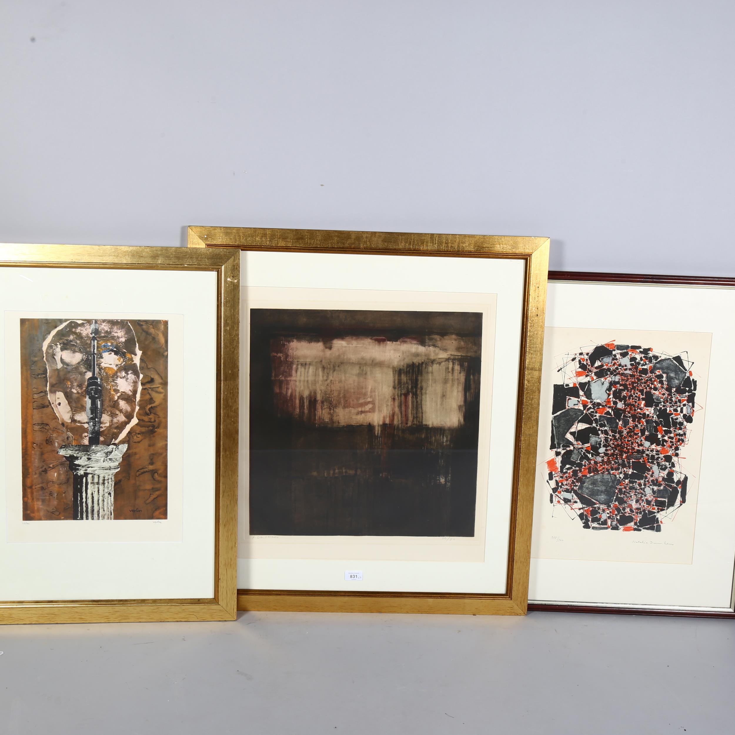 Three European abstract prints: (1) a 1960s French School etching by Pierre Dmitrienko, (2) a