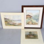 3 watercolours, landscapes, 2 signed, 1 framed, largest 36cm x 26cm