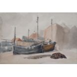 Attributed to Peter De Wint (1784 - 1849), Hastings fishing boats on shore, watercolour, 31.5cm x