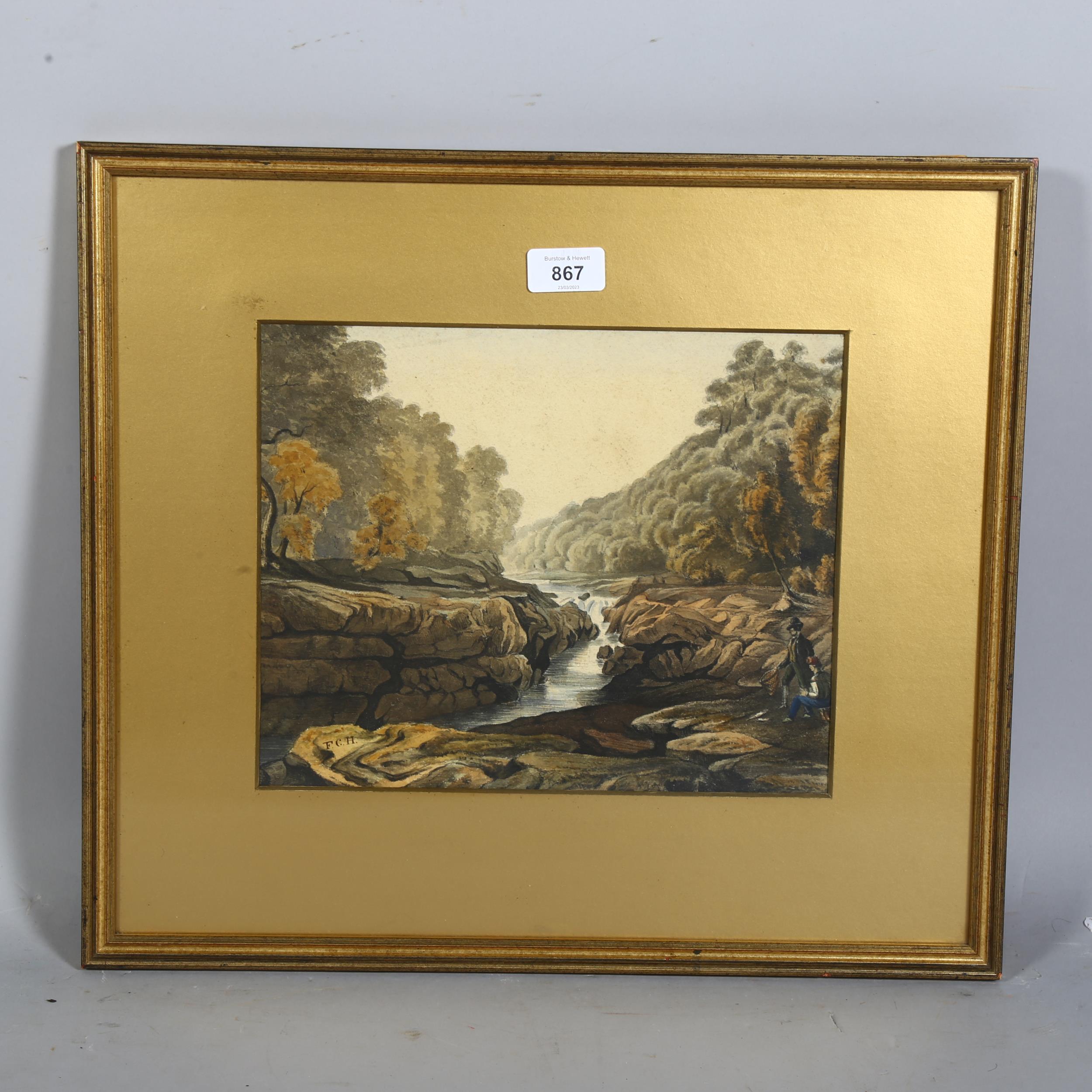 19th century English School, figures by a river, watercolour, signed monogram FCH, 24cm x 29cm, - Image 2 of 4