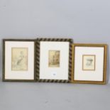 3 x 18/19th century watercolour sketches, 1 signed indistinctly, dated 1791, largest 15.5cm x 10.5cm