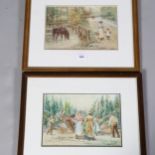 A pair of watercolour country scenes, including hop-pickers, signed W Duncan, dated 1904, 26cm x