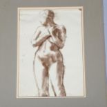 Circle of Augustus John, a standing nude, watercolour, 25cm x 35cm, unframed. Some minor spotting to
