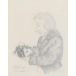 A 19th century pencil sketch of Turner holding 1 of his watercolours, details verso, 13cm x 10.