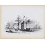 A miniature drawing of 19th century paddle steamer and ships, in the manner of Samuel Atkins,