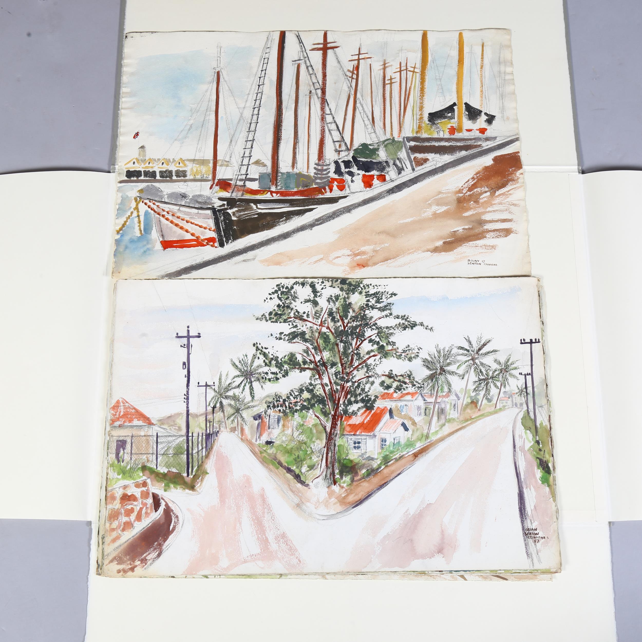 Brian Seaton, 20th Century folio of 13 watercolours, views of Trinidad, signed and dated 1957,
