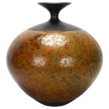 Andrew Hill, a large raku vase, the mottled orange glazed bulbous form with black everted neck, with