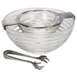 Riedel Glass, a mid-century ribbed glass caviar bowl, with silver plated mounts and tongs,