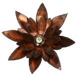 A hand made brutalist metal light fitting, circa 1970s', cut steel, bronzed flower shade, diameter