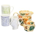 3 Kate Malone designed ceramic mugs and 2 pieces of Moorland spongeware, all with makers marks.