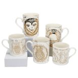 5 Kate Malone designed ceramic mugs, for Balls Pond Studio, all with gilt decoration, 3 "Hooray