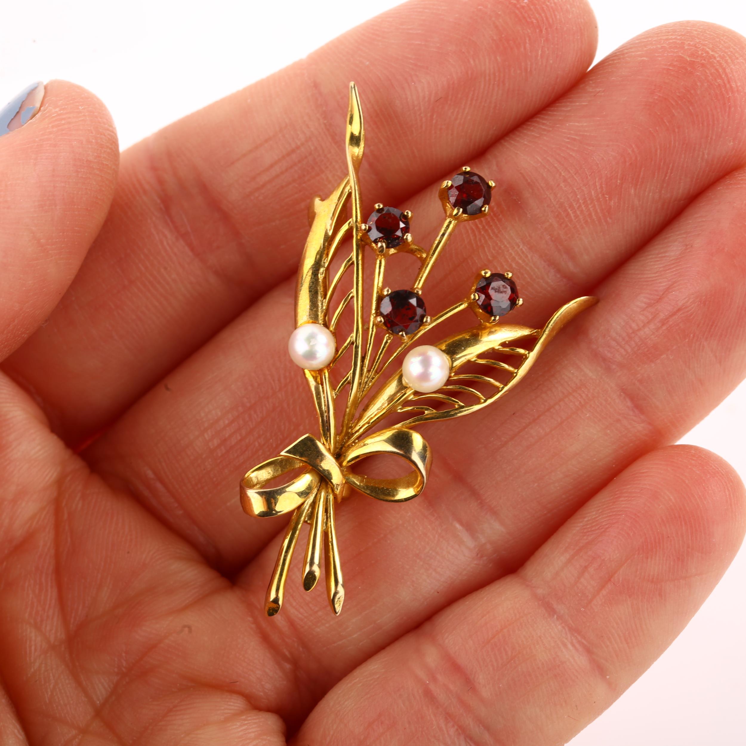 A mid-20th century 9ct gold garnet and pearl floral spray brooch, maker's marks RJ, hallmarks London - Image 4 of 4