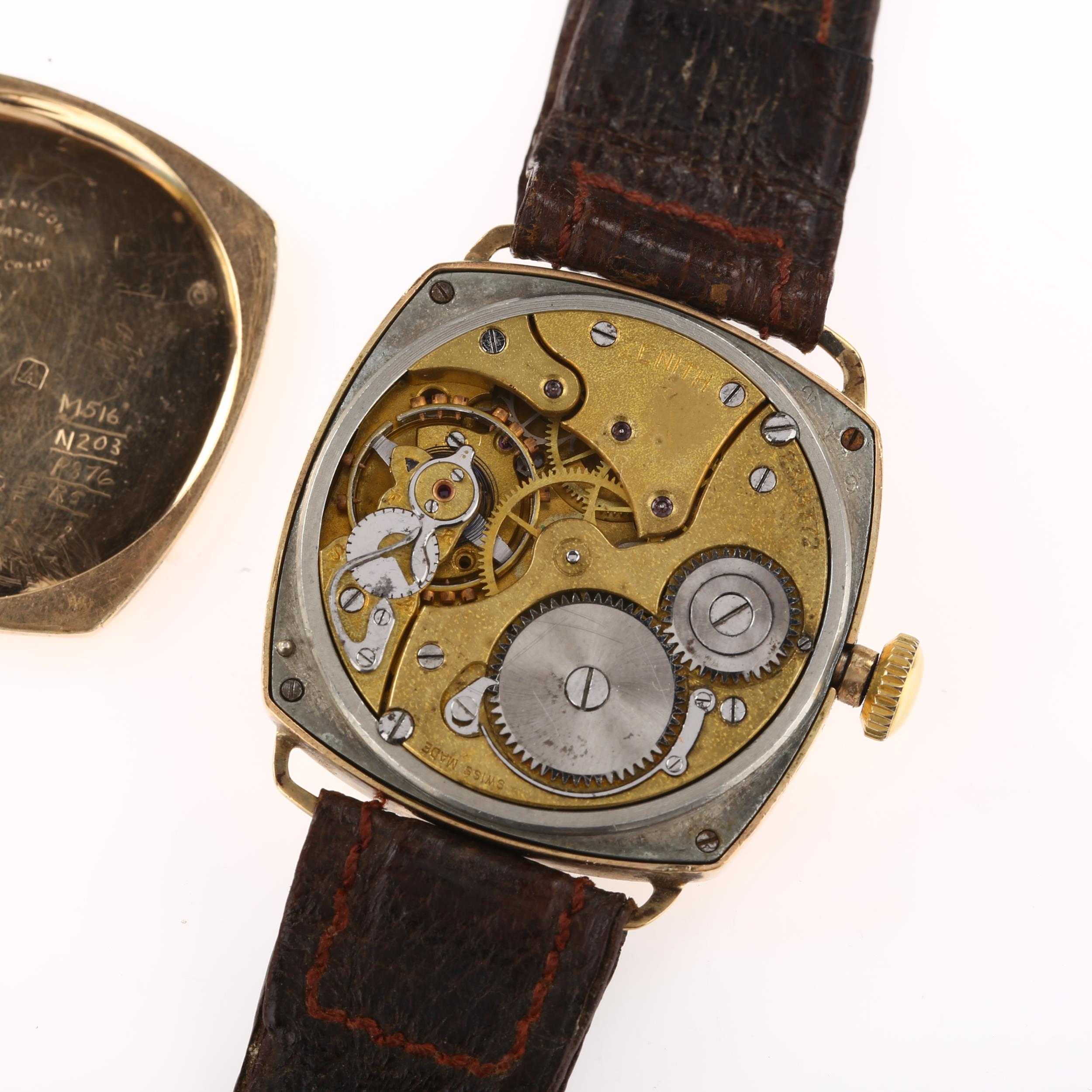 ZENITH - an early 20th century 9ct rose gold cushion cased mechanical wristwatch, circa 1925, - Image 4 of 5