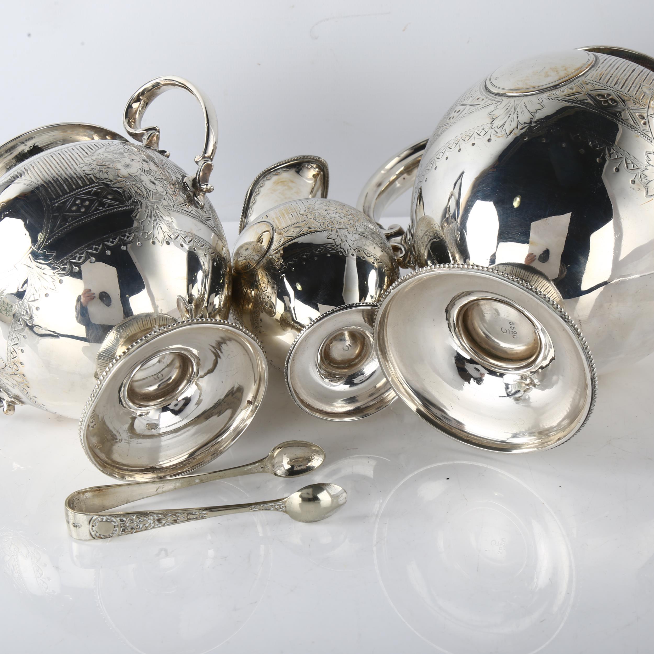 A Victorian silver 3-piece tea set, comprising teapot, 2 handled-sugar bowl and cream jug, ovoid - Image 3 of 3