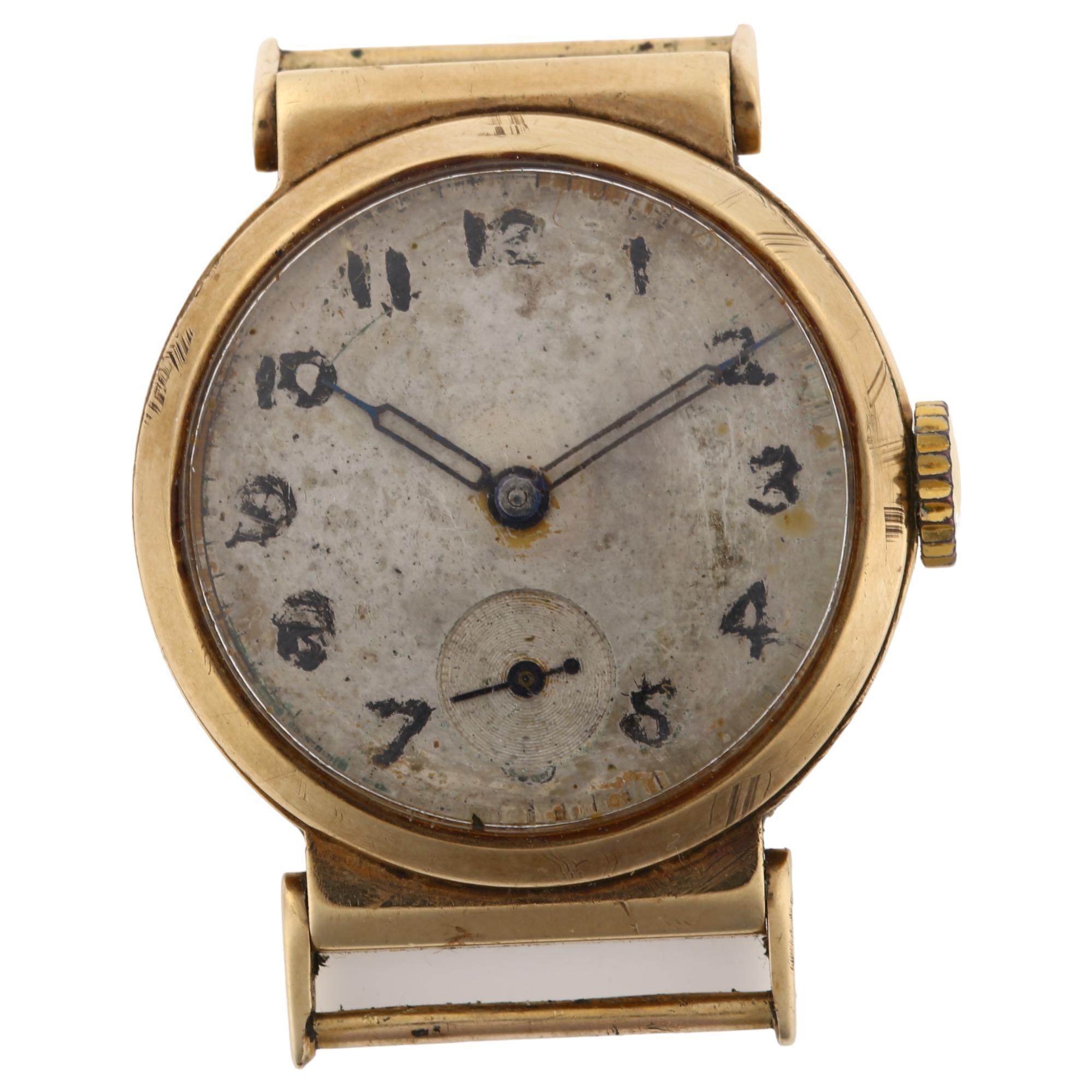 A mid-20th century 9ct gold wristwatch head, silvered dial with hand painted Arabic numerals,