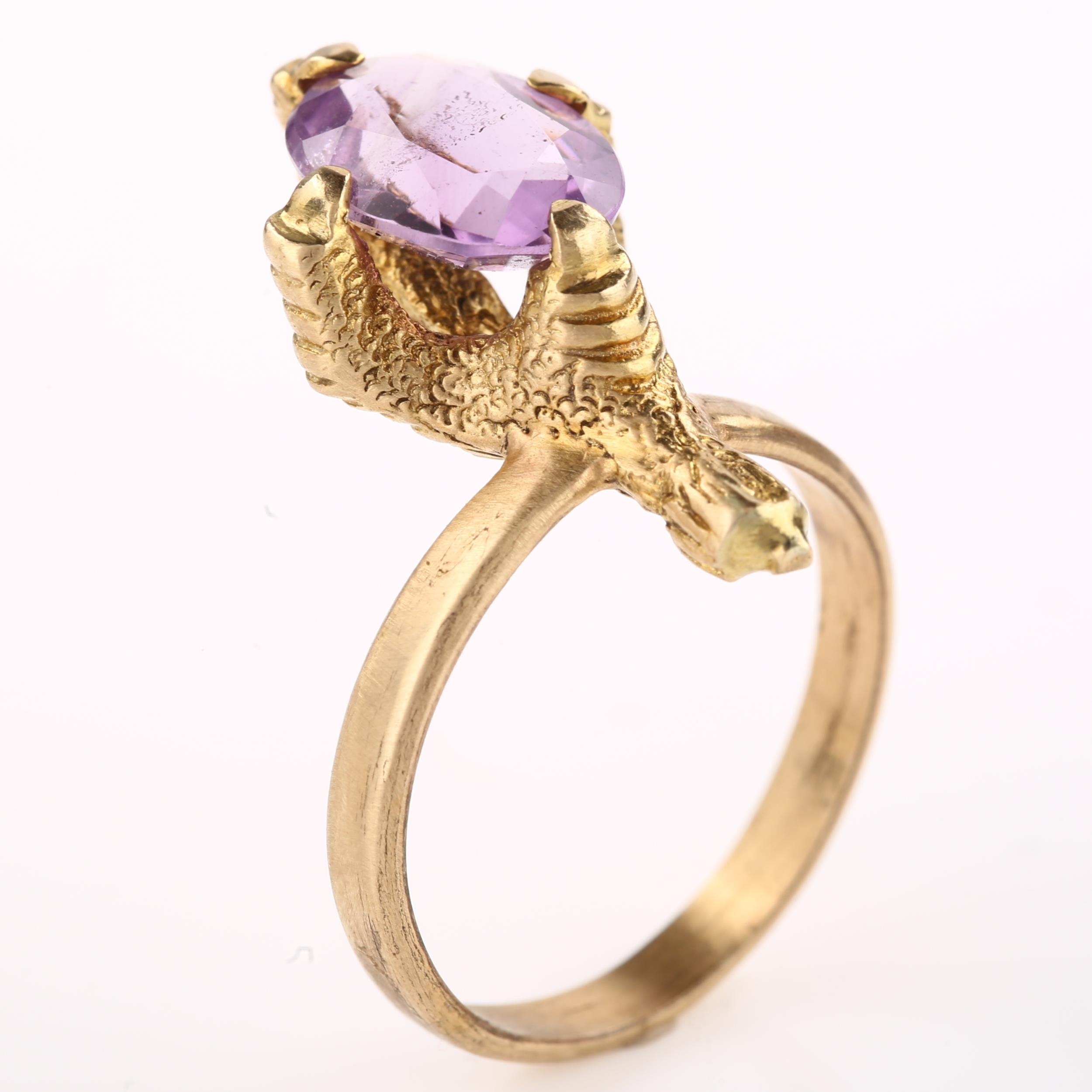 A mid-20th century 9ct gold amethyst novelty bird claw dress ring, setting height 21.4mm, size M, - Image 2 of 4