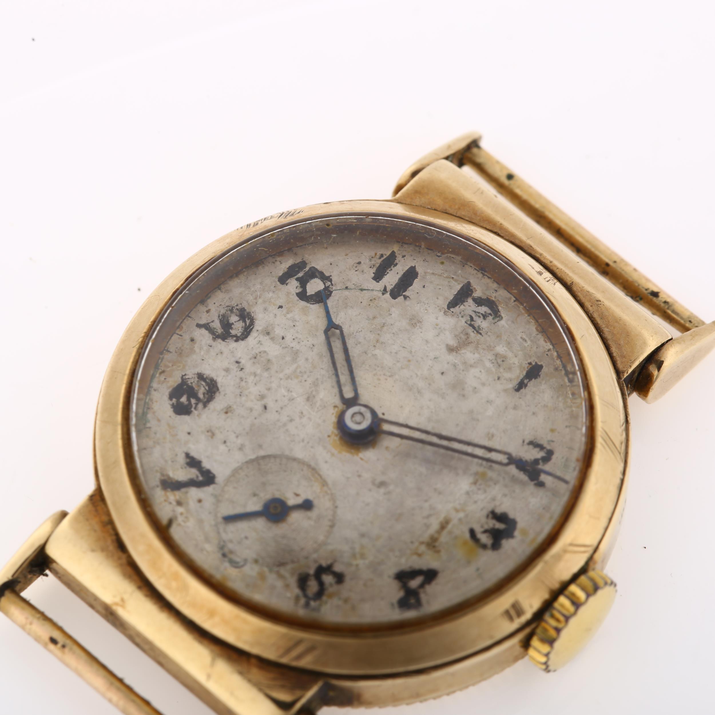 A mid-20th century 9ct gold wristwatch head, silvered dial with hand painted Arabic numerals, - Image 4 of 5