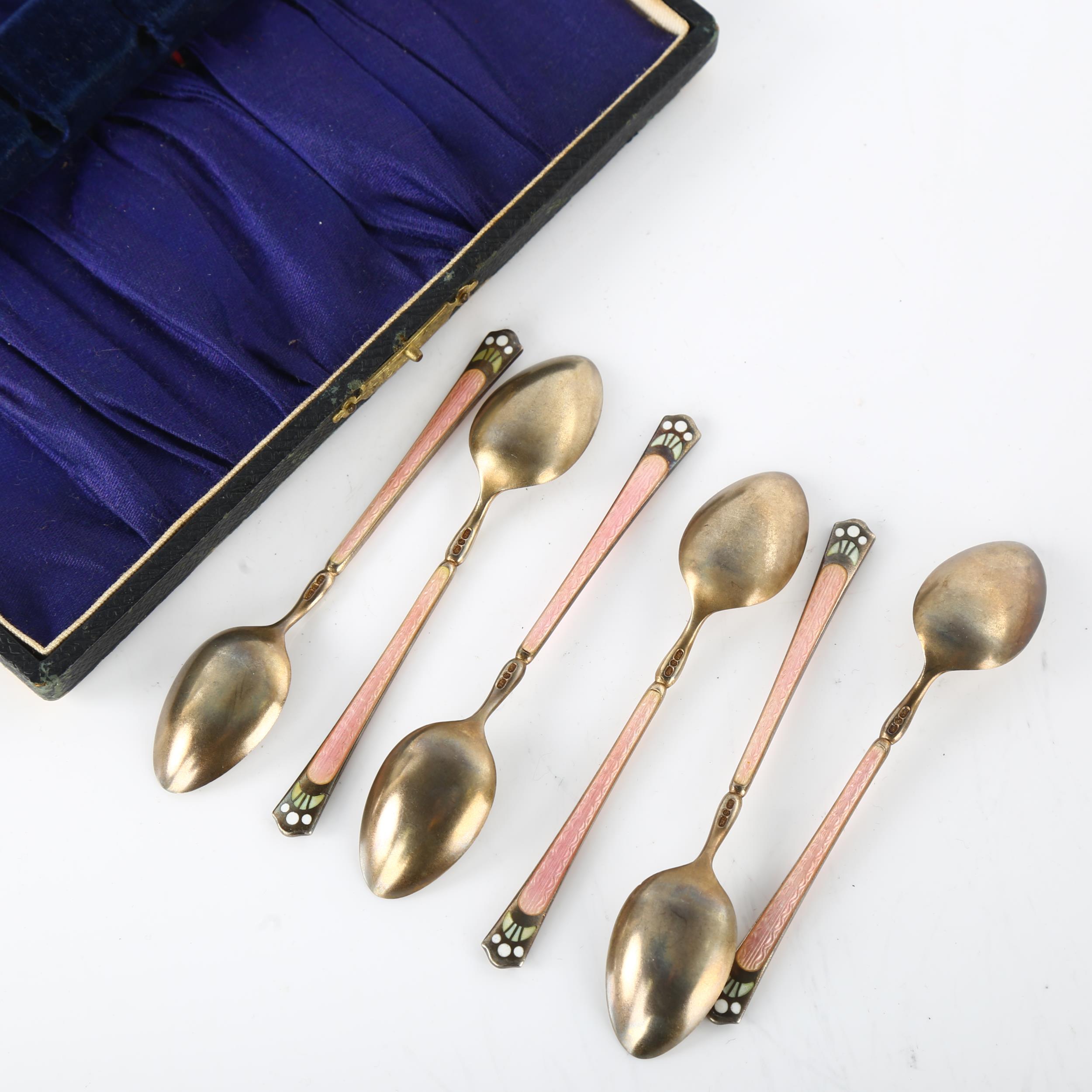 A set of 6 Continental sterling silver-gilt enamel coffee spoons, length 9.5cm No damage or - Image 3 of 3