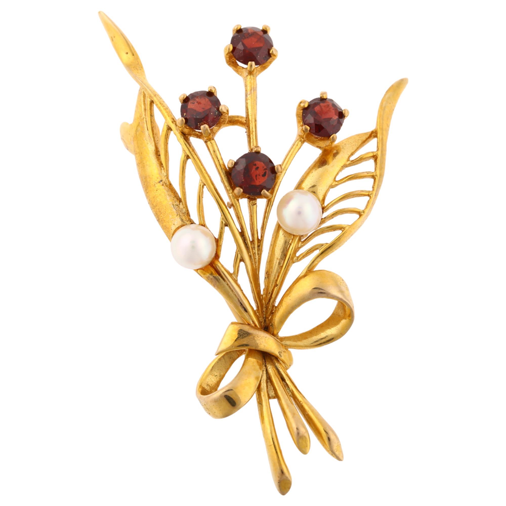 A mid-20th century 9ct gold garnet and pearl floral spray brooch, maker's marks RJ, hallmarks London