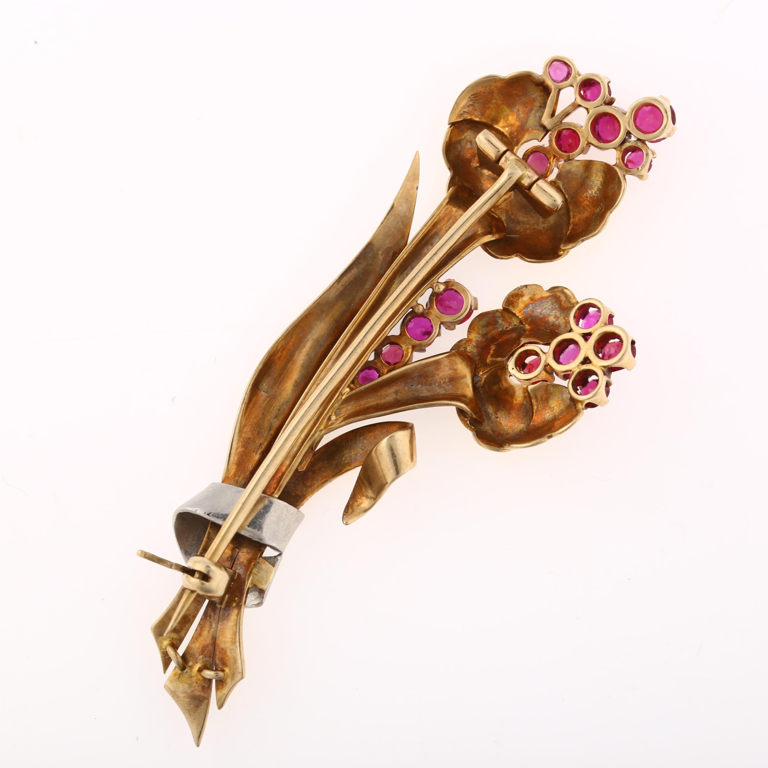 A late Art Deco French ruby floral spray brooch, circa 1940, unmarked yellow and white gold settings - Image 3 of 4