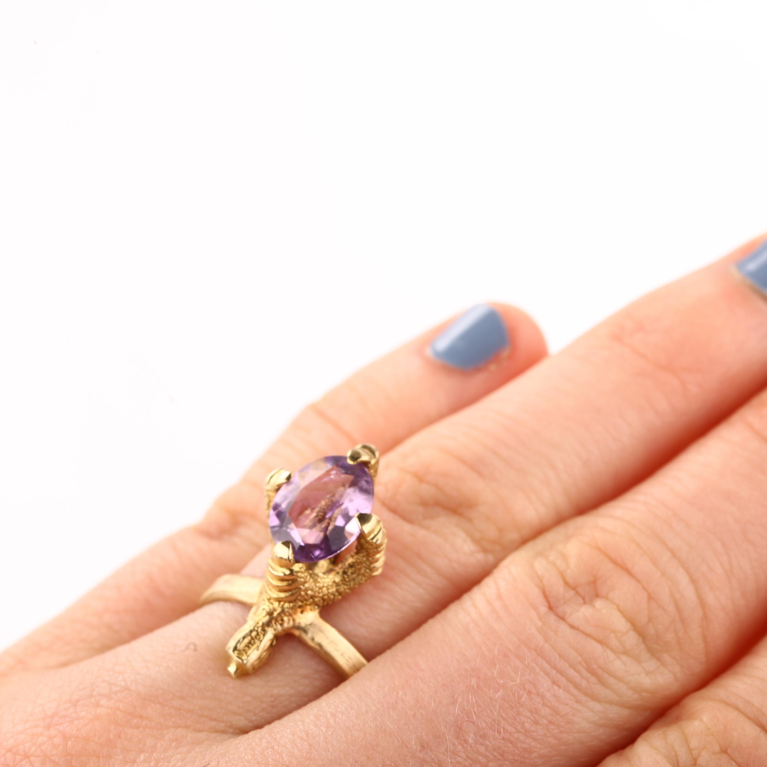 A mid-20th century 9ct gold amethyst novelty bird claw dress ring, setting height 21.4mm, size M, - Image 4 of 4