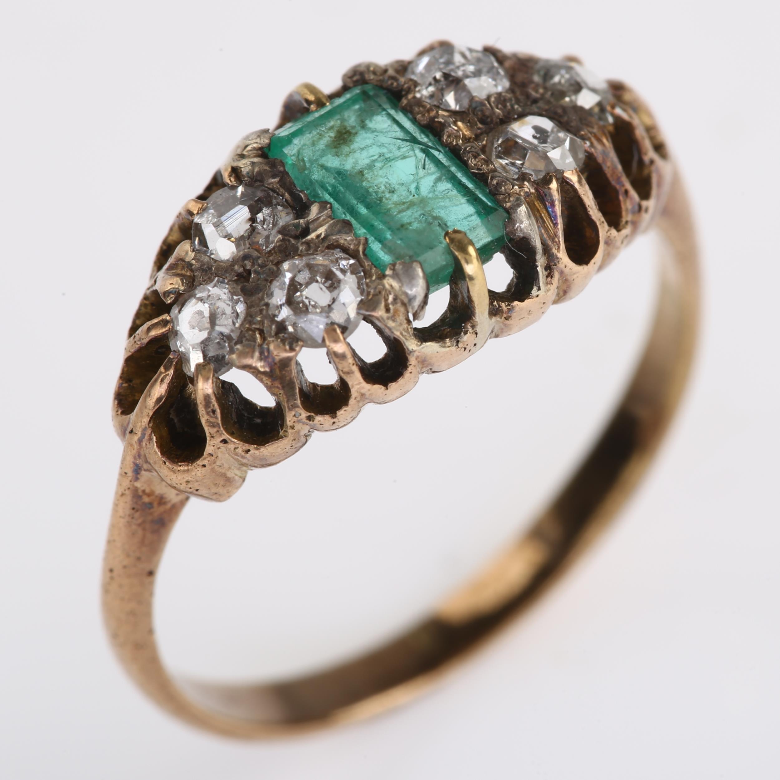 An Antique emerald and diamond half hoop ring, unmarked yellow metal settings with rectangular - Image 2 of 4