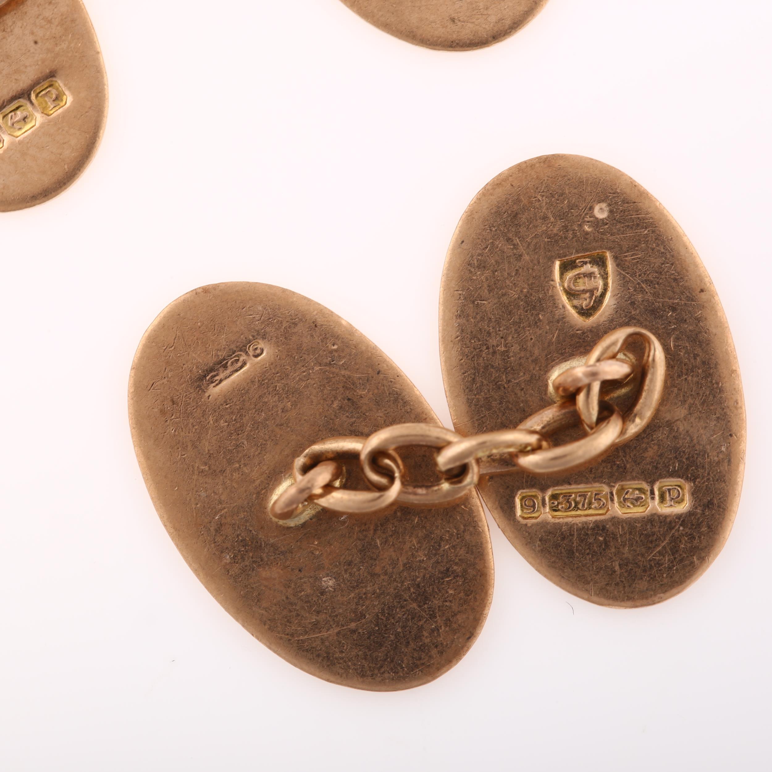 A pair of early 20th century 9ct rose gold cufflinks, plain oval panels, hallmarks Birmingham - Image 3 of 4
