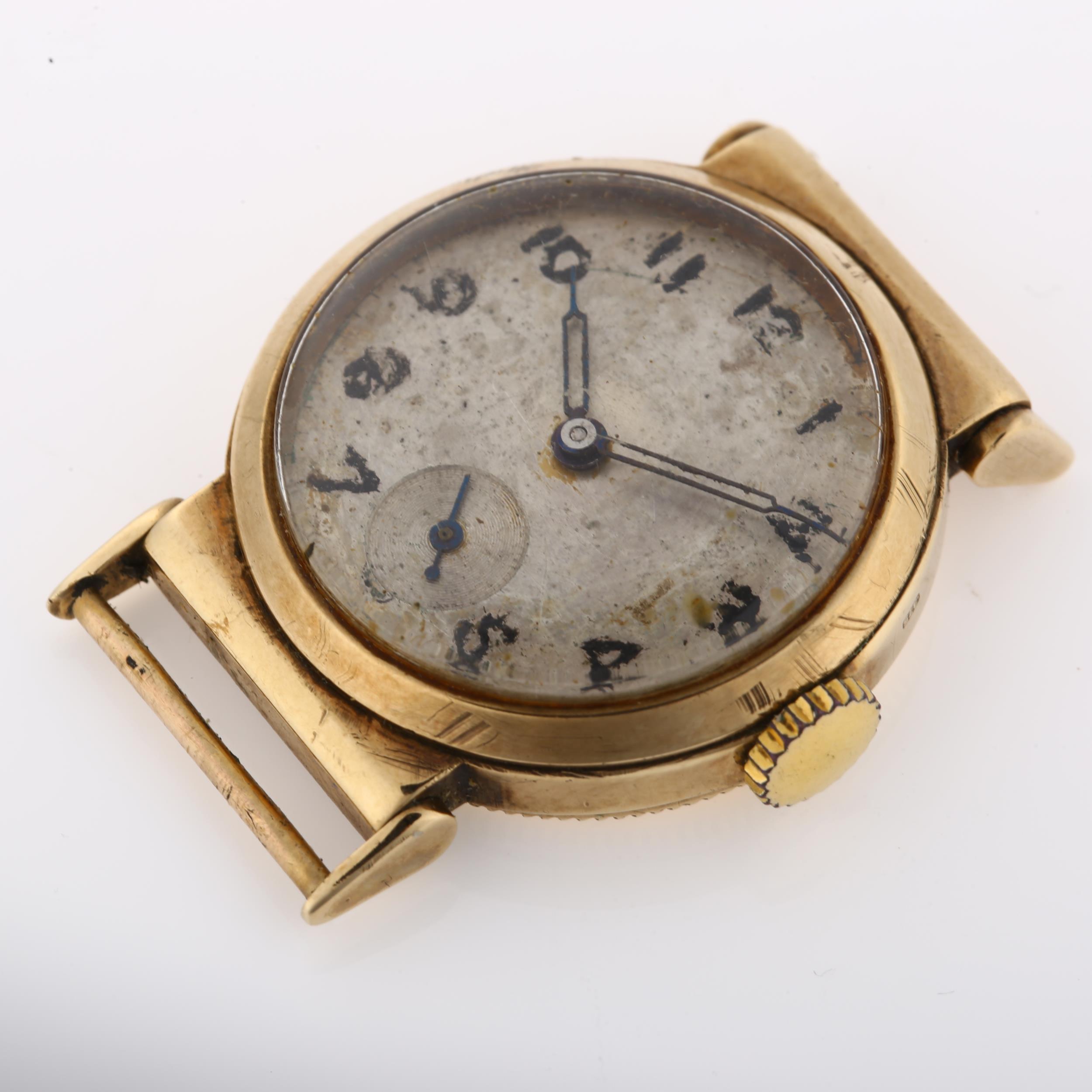 A mid-20th century 9ct gold wristwatch head, silvered dial with hand painted Arabic numerals, - Image 2 of 5