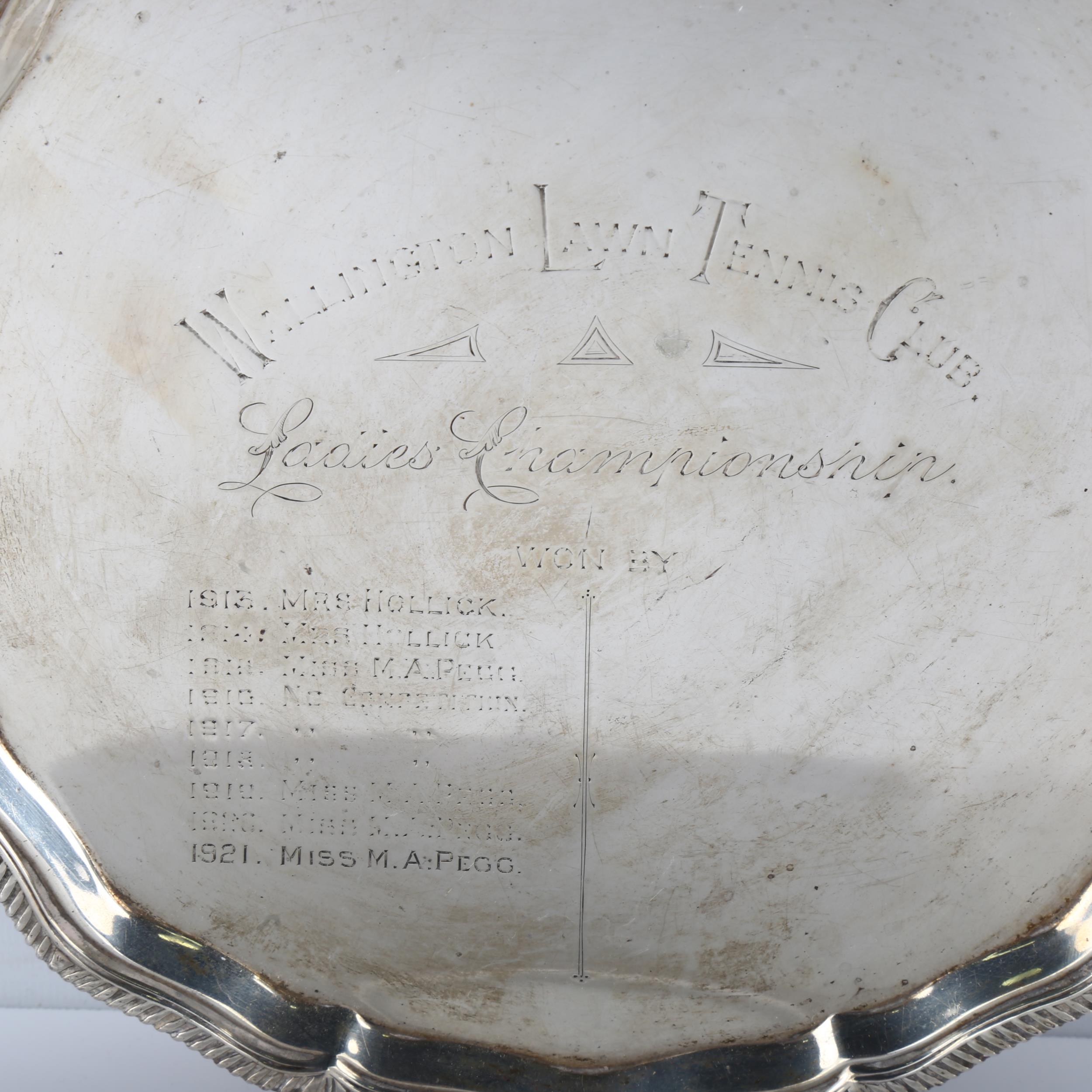 A George V silver presentation salver, circular form with scalloped and gadrooned rim, on claw and - Image 2 of 3