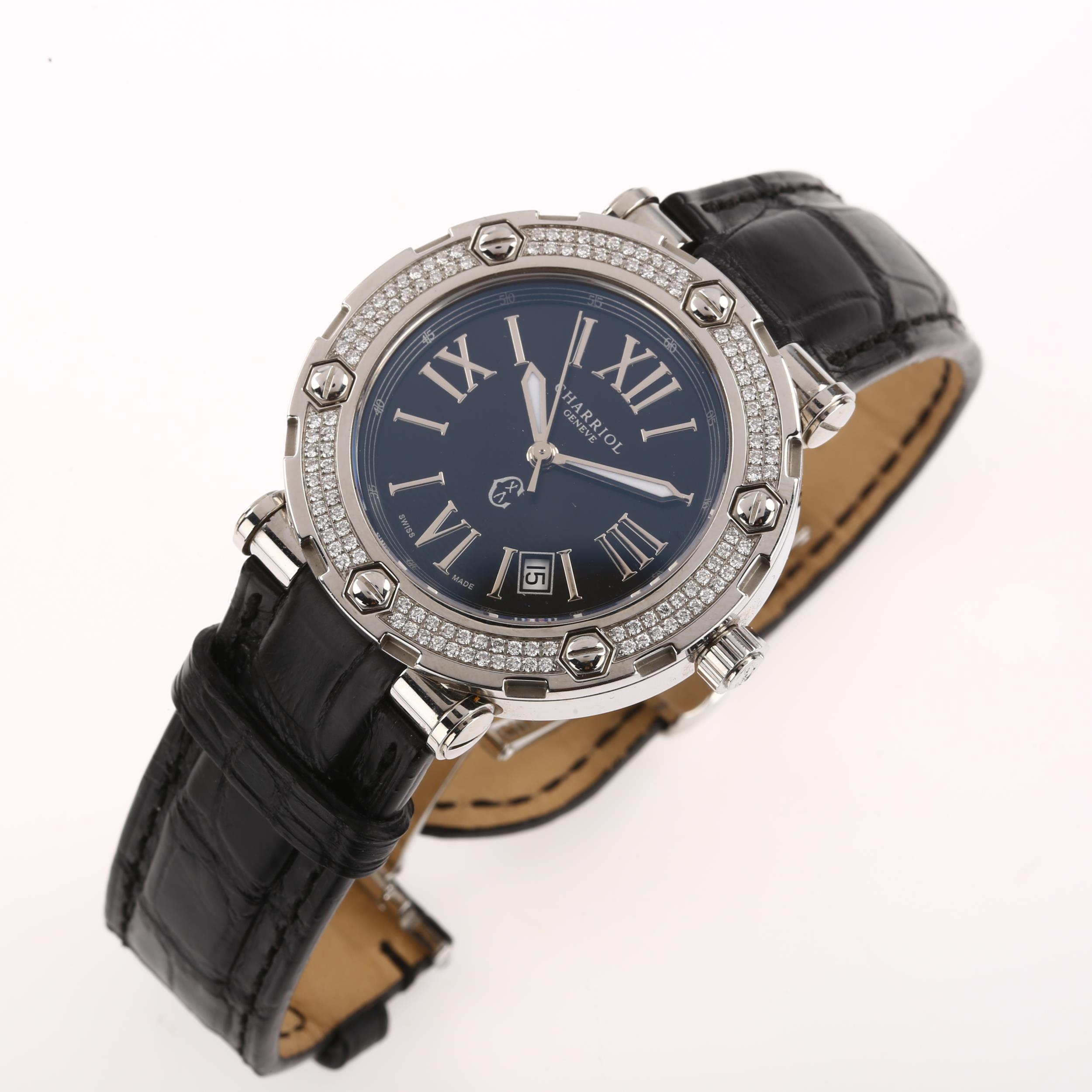 CHARRIOL - a stainless steel and diamond Rotonde quartz wristwatch, ref. RT38, black dial with Roman - Image 2 of 5