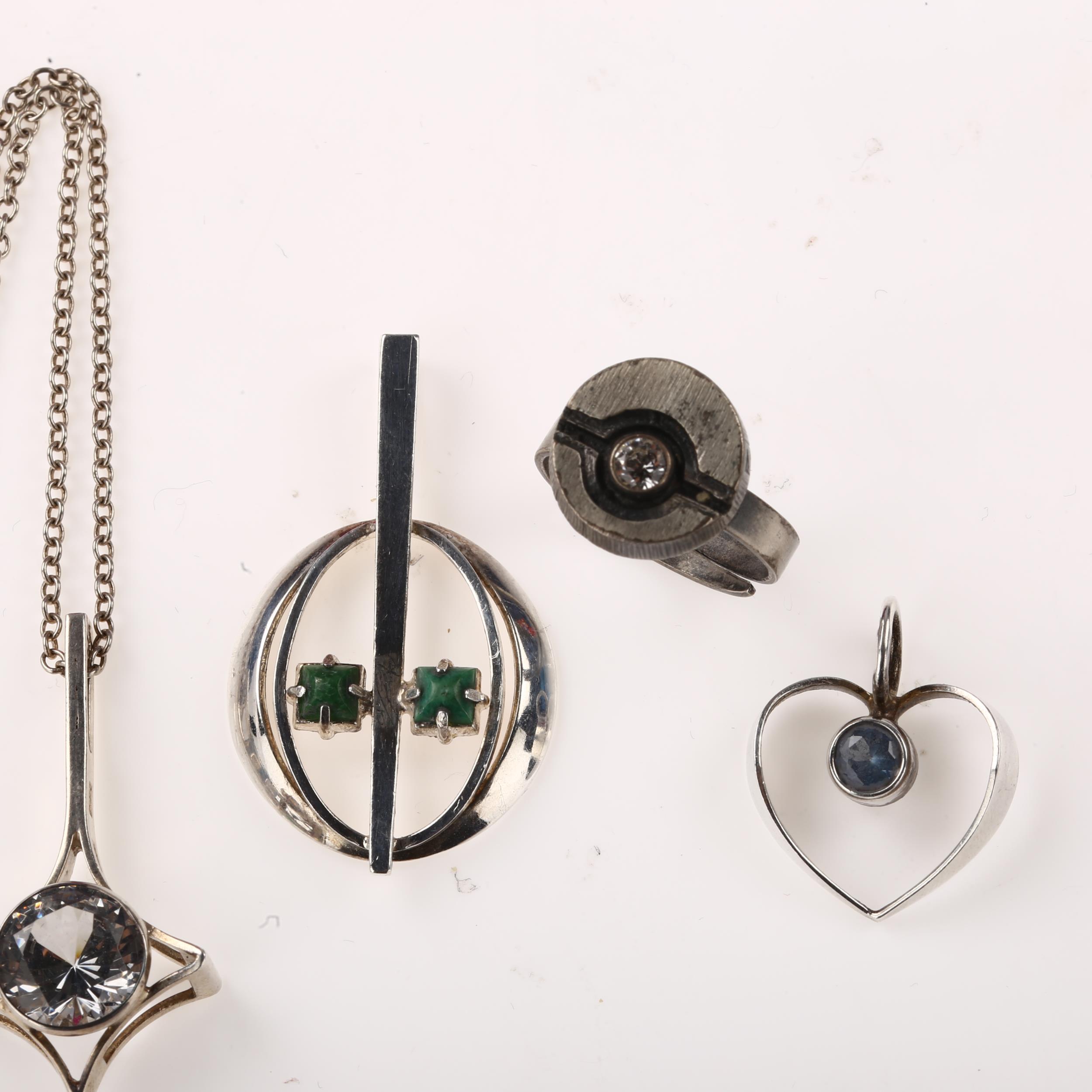 Various Scandinavian modernist silver openwork jewellery, comprising 3 x pendants, and 1 x ring, - Image 2 of 4