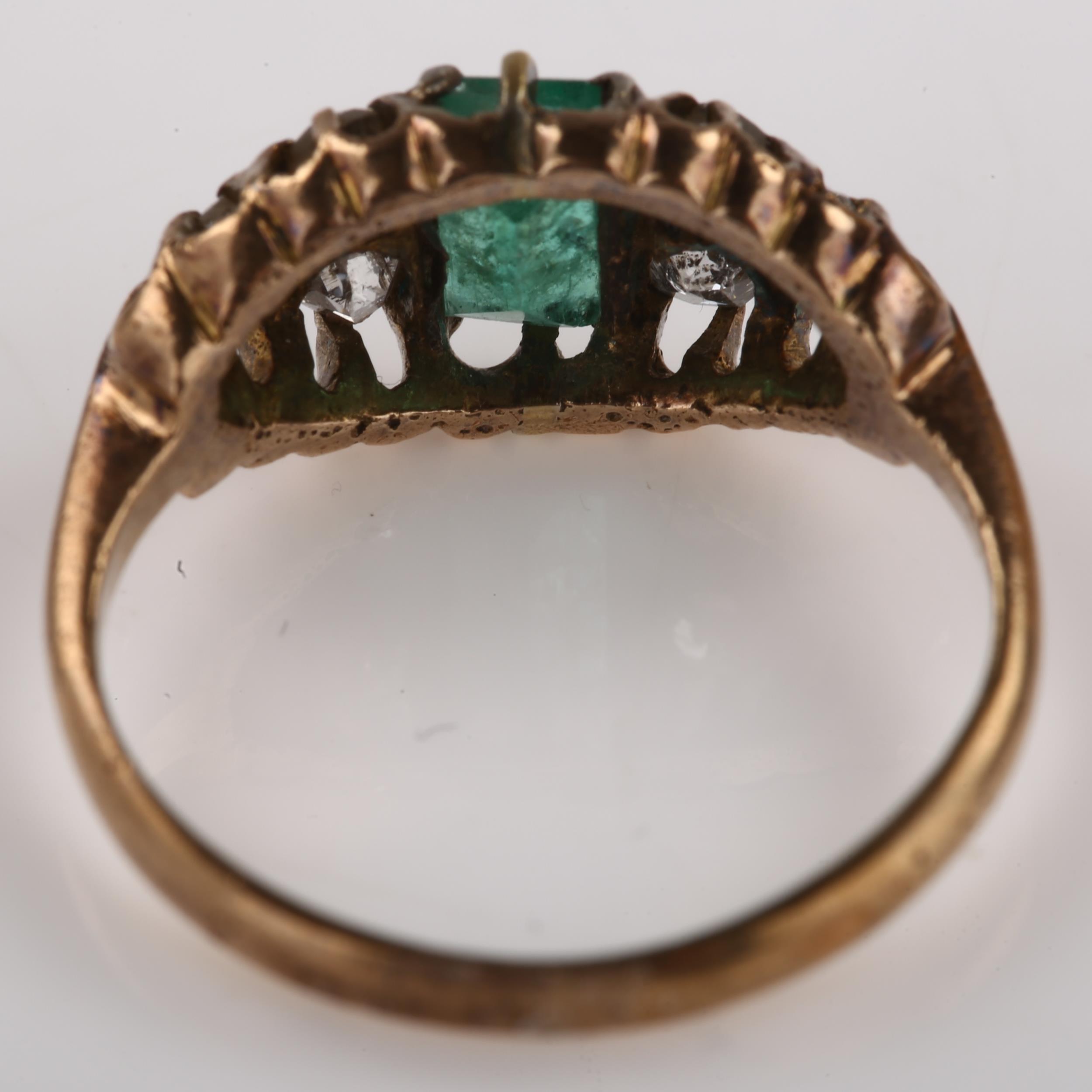 An Antique emerald and diamond half hoop ring, unmarked yellow metal settings with rectangular - Image 3 of 4