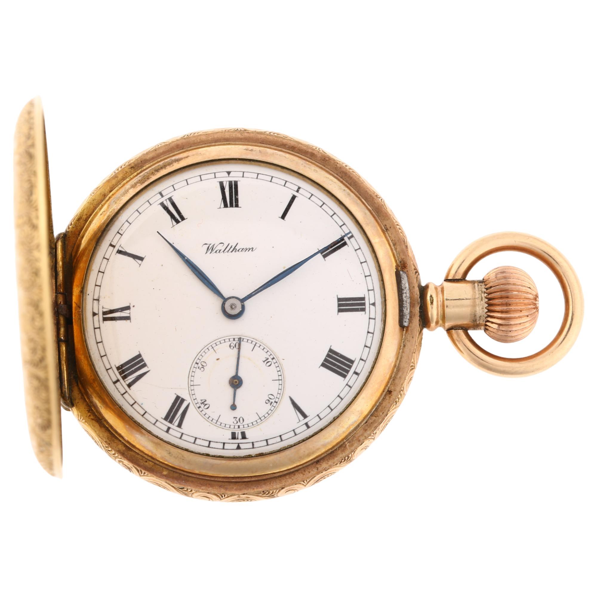 WALTHAM - an American gold plated full hunter keyless pocket watch, white enamel dial with Roman