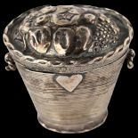 An Antique Dutch silver marriage box, basket form with relief embossed fruit lid and heart motif,