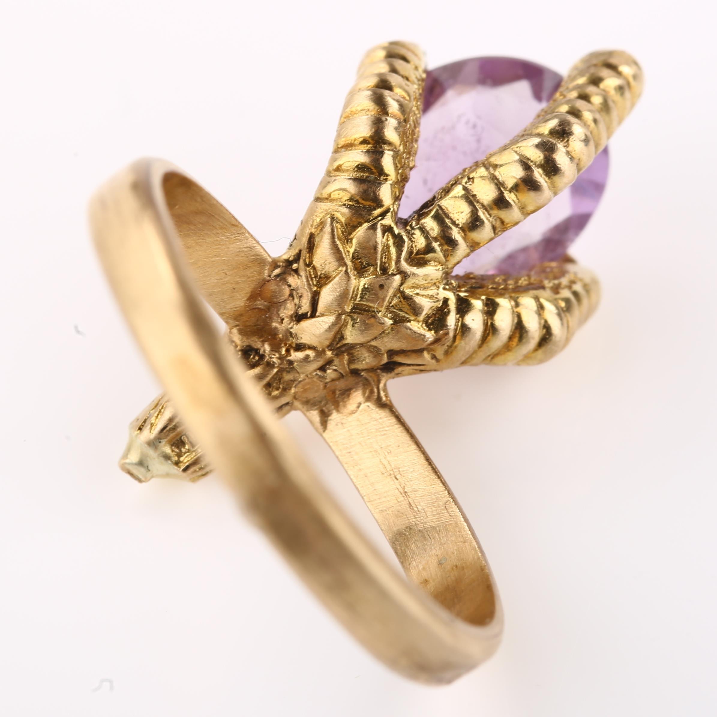 A mid-20th century 9ct gold amethyst novelty bird claw dress ring, setting height 21.4mm, size M, - Image 3 of 4