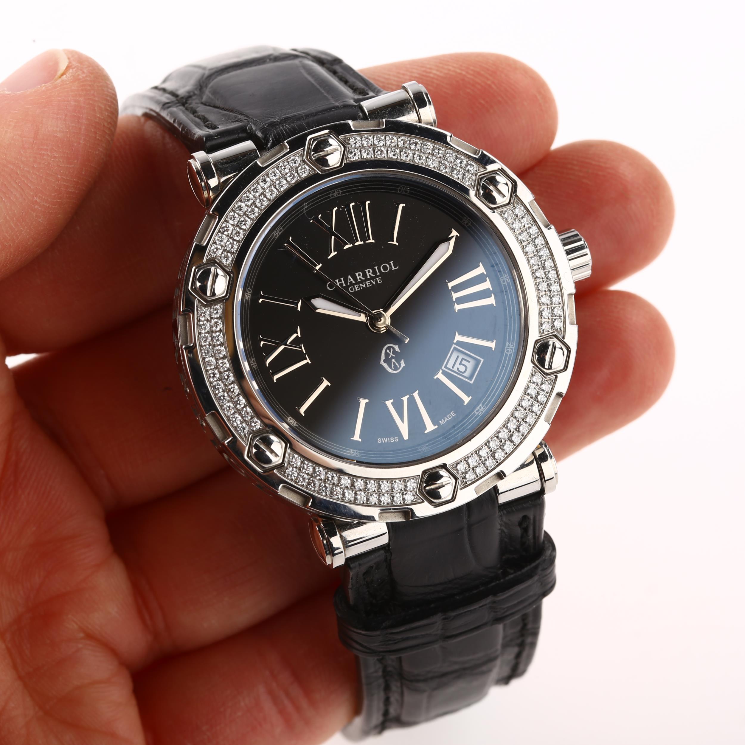 CHARRIOL - a stainless steel and diamond Rotonde quartz wristwatch, ref. RT38, black dial with Roman - Image 5 of 5