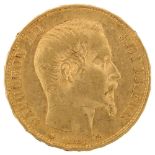 A Napoleon III 1860 French gold 20 francs coin, 6.4g No damage, general wear to high points