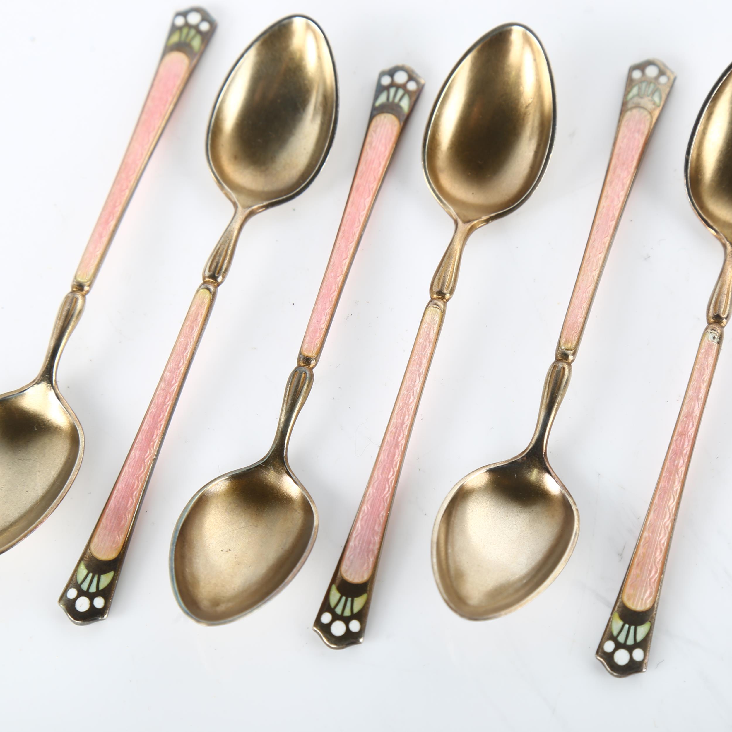 A set of 6 Continental sterling silver-gilt enamel coffee spoons, length 9.5cm No damage or - Image 2 of 3