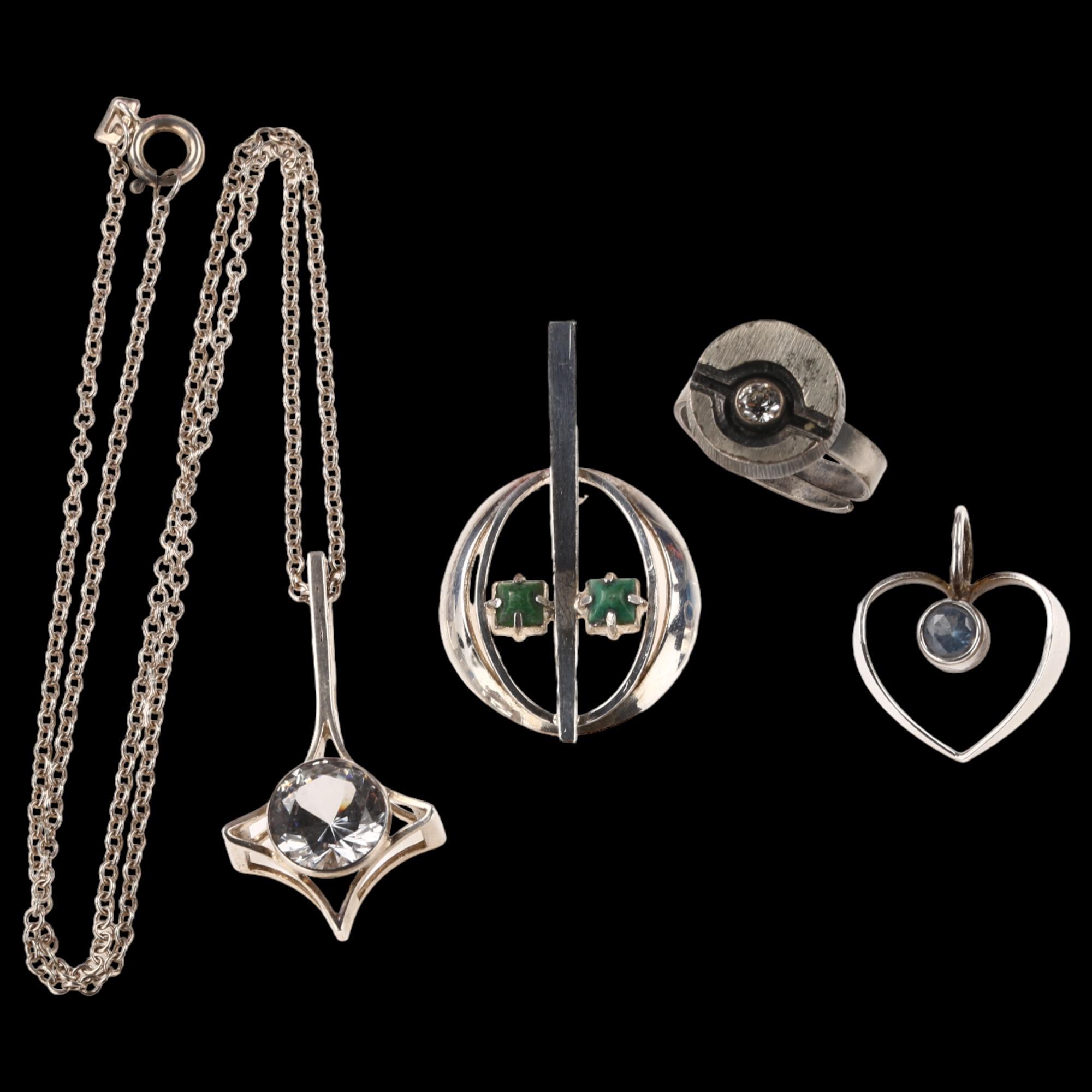 Various Scandinavian modernist silver openwork jewellery, comprising 3 x pendants, and 1 x ring,