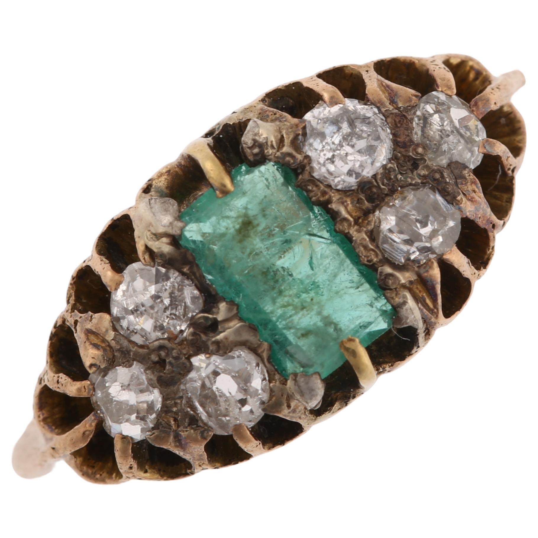 An Antique emerald and diamond half hoop ring, unmarked yellow metal settings with rectangular