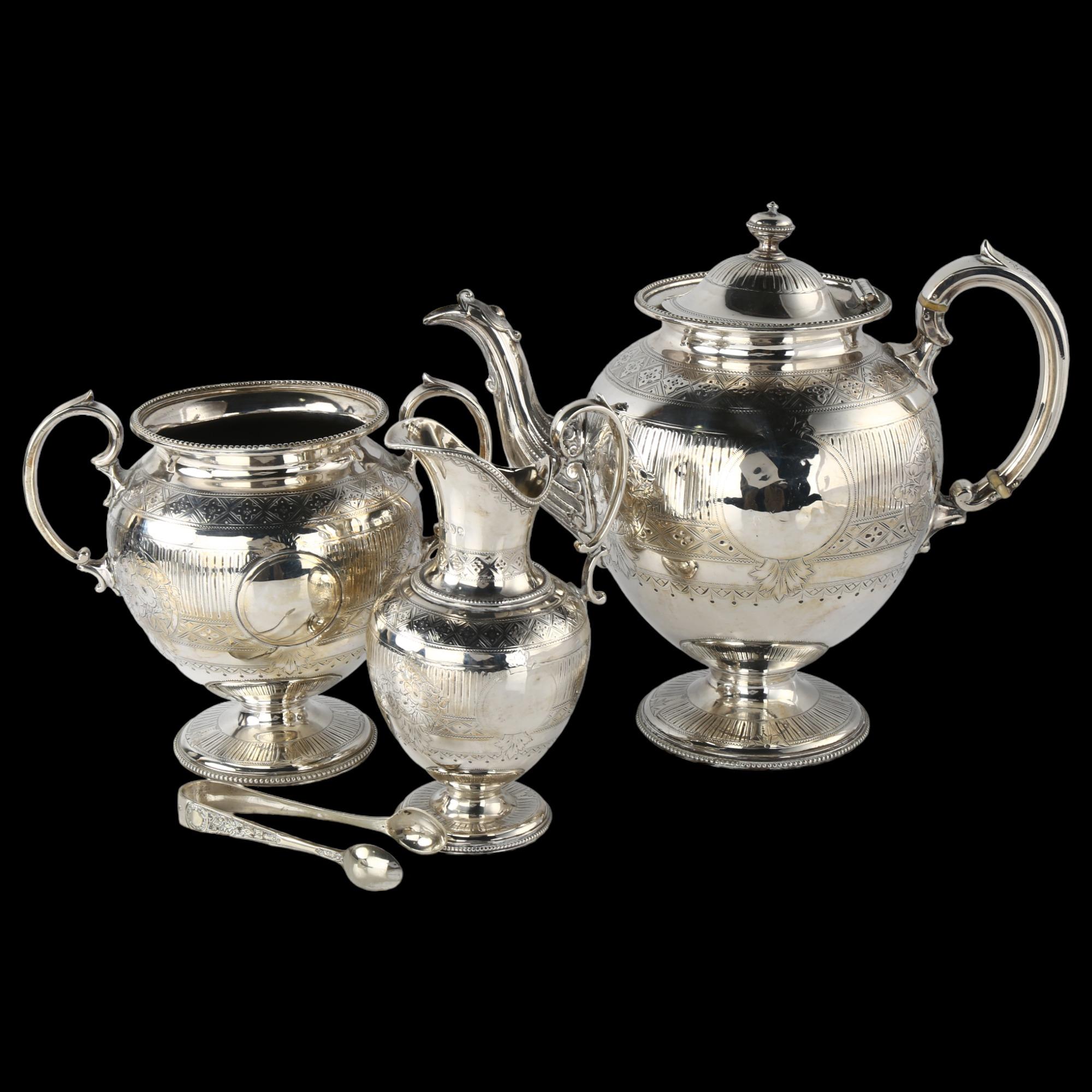 A Victorian silver 3-piece tea set, comprising teapot, 2 handled-sugar bowl and cream jug, ovoid