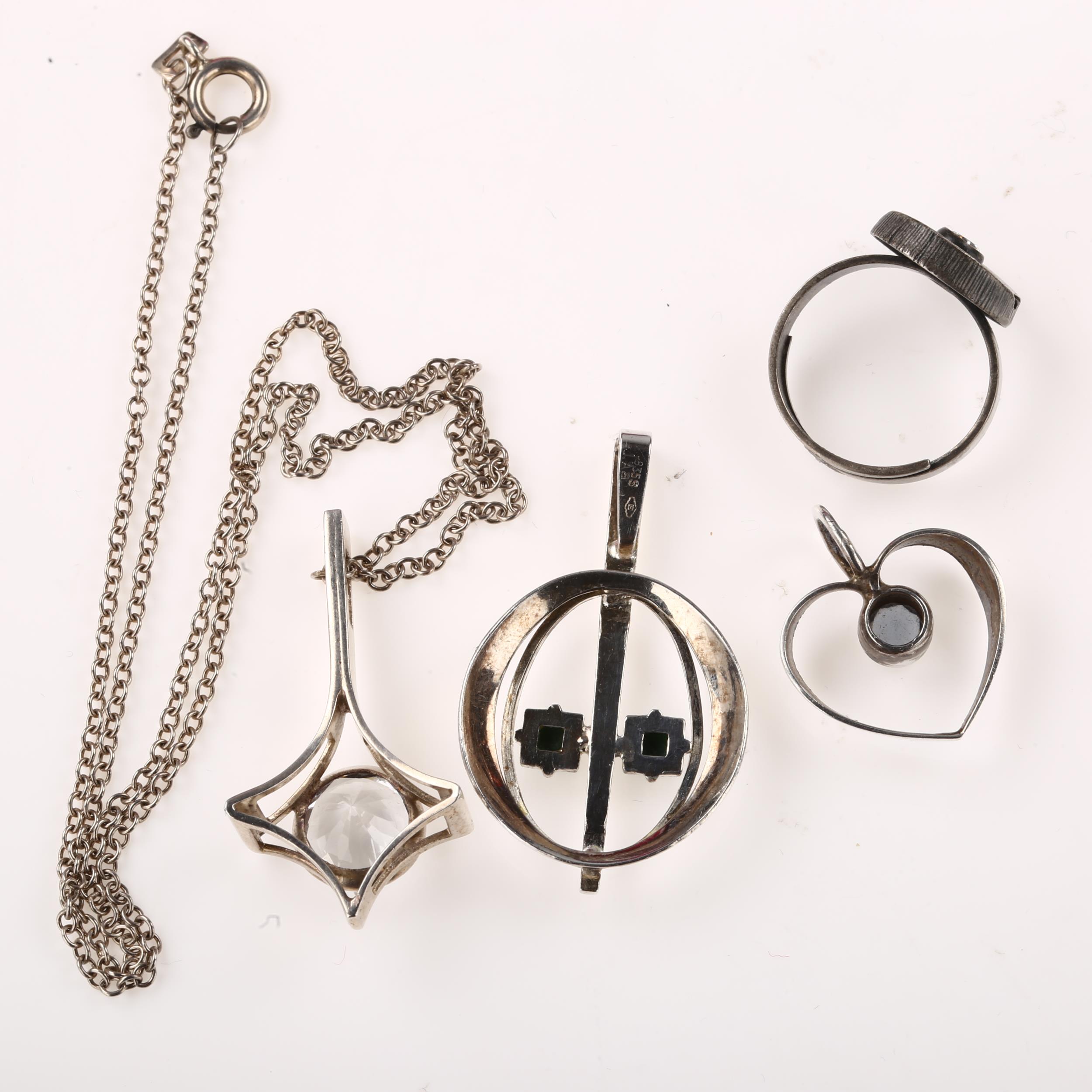 Various Scandinavian modernist silver openwork jewellery, comprising 3 x pendants, and 1 x ring, - Image 3 of 4