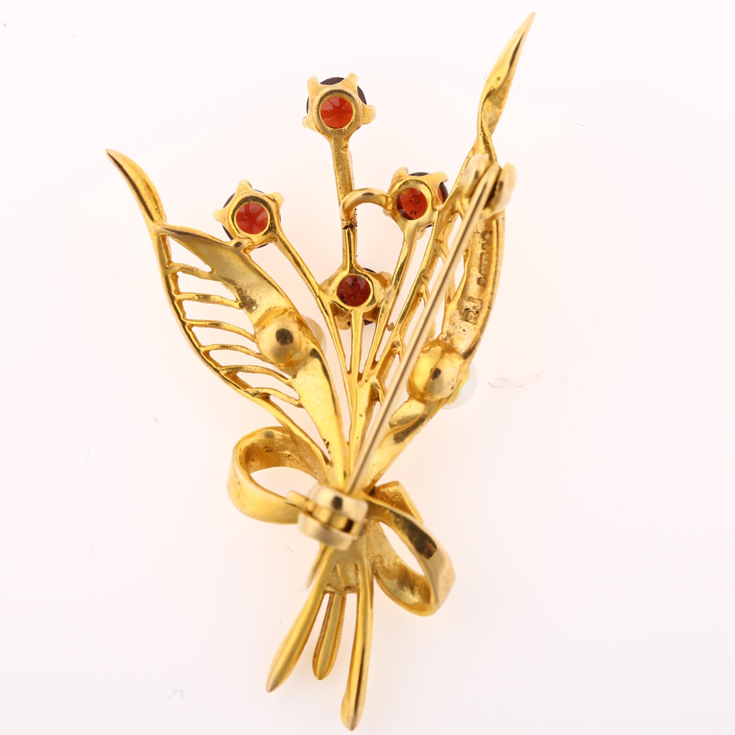 A mid-20th century 9ct gold garnet and pearl floral spray brooch, maker's marks RJ, hallmarks London - Image 3 of 4