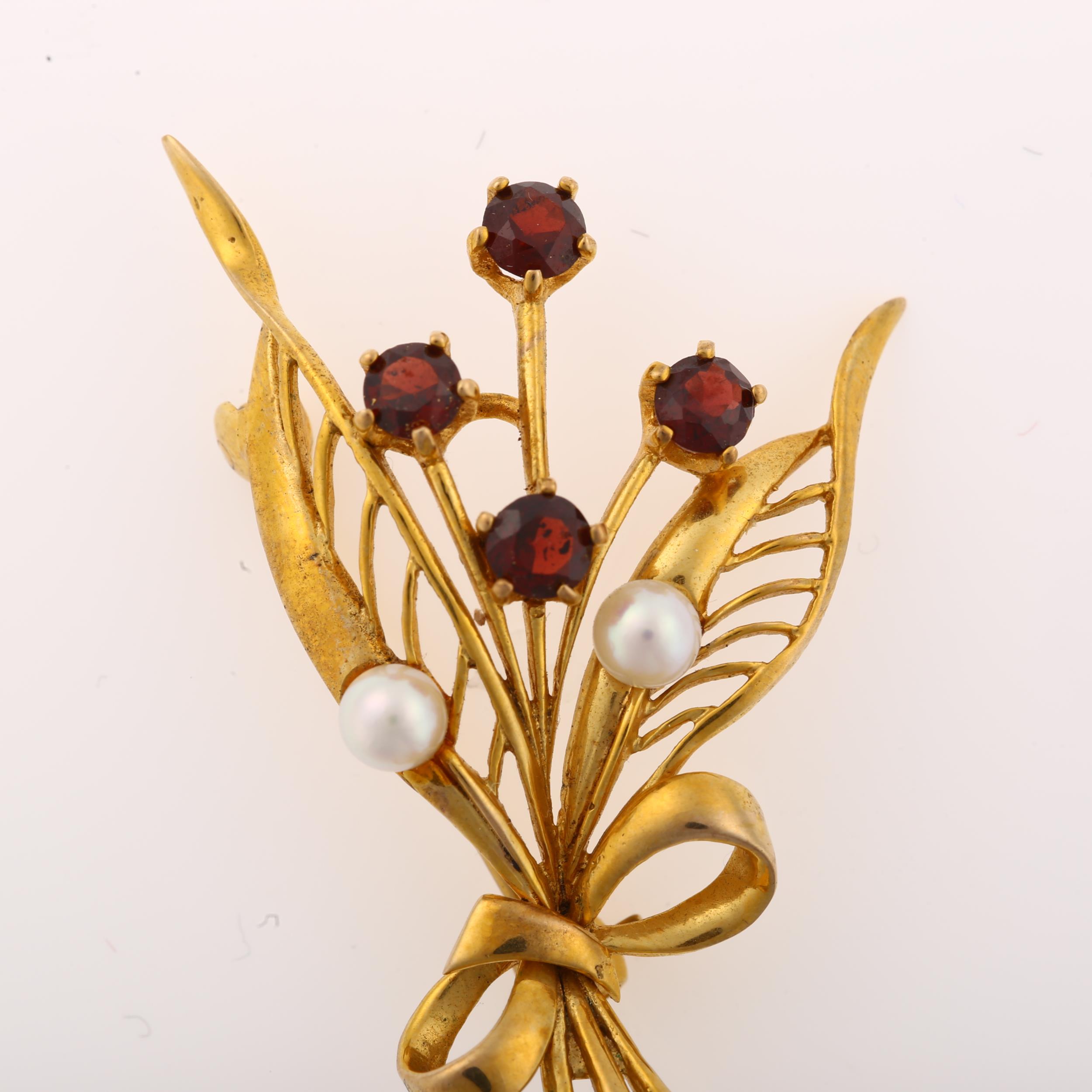 A mid-20th century 9ct gold garnet and pearl floral spray brooch, maker's marks RJ, hallmarks London - Image 2 of 4